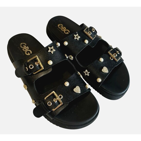 GBG GG Juliana T  Rhinestone Pearl Double Strap Black Platform Slide Sandals 8M - Picture 3 of 14